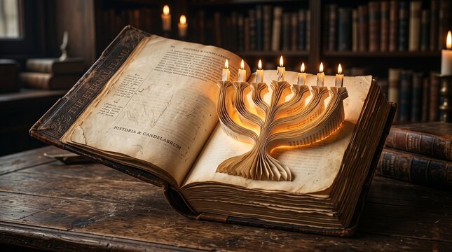 Antique book art menorah paper sculpture folded from open pages with glowing candles in a classic library