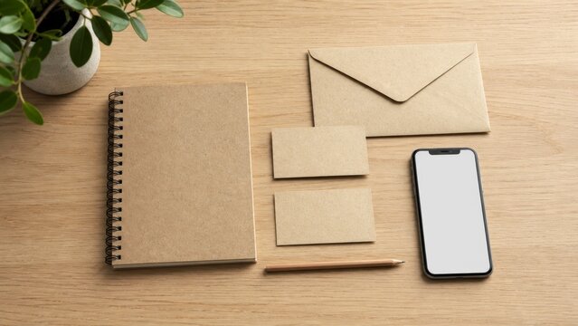 Kraft business stationery branding mockup with notebook, cards, envelope and smartphone