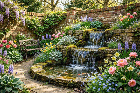 Beautiful English Garden with Cascading Waterfall and Koi Pond