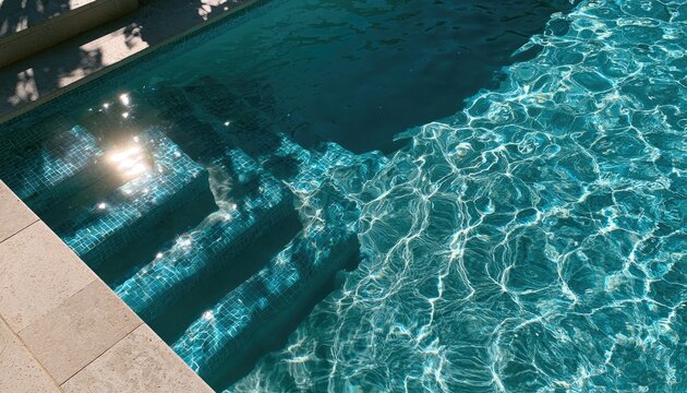 Sunlit pool steps descend into shimmering, turquoise water