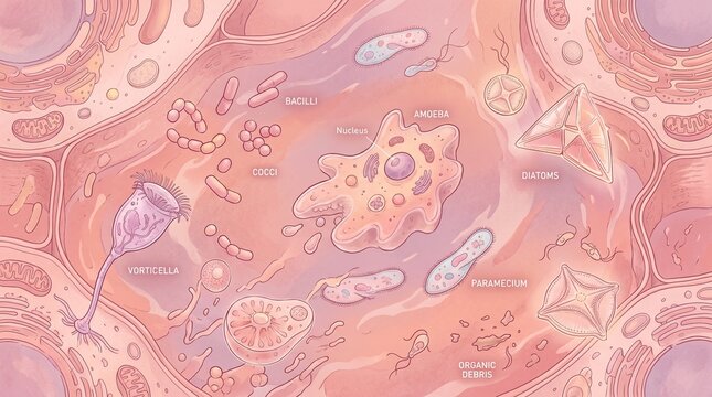 Microscopic Illustration of Microorganisms and Organic Debris in Water