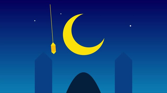 Ramadan kareem lantern swinging animation with crescent moon and mosque silhouette 4k background