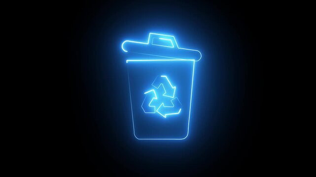 Glowing blue neon trash can icon animation on black background digital art concept. Neon glowing trash can icon isolated. Recycle basket icon. Office trash icon. Glowing neon trash can delete icon