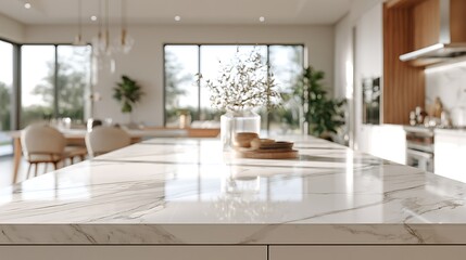 Fototapeta premium Modern luxury kitchen interior with marble countertop island.