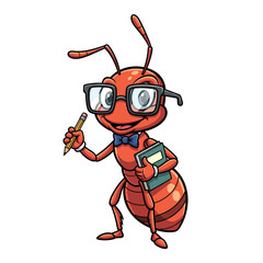 Fototapeta premium Cute Cartoon Student Ant Mascot Wearing Glasses Holding Pencil and Notebook