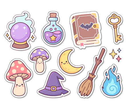 Magic witch aesthetic sticker pack with crystal ball purple potion bottle mushroom and sorcerer hat on checkered background.