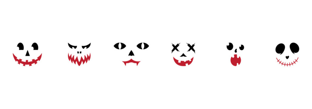 Collection of halloween jack o lantern face silhouettes with different carved expressions including spooky scary funny and cute styles isolated festive seasonal vector illustration design.