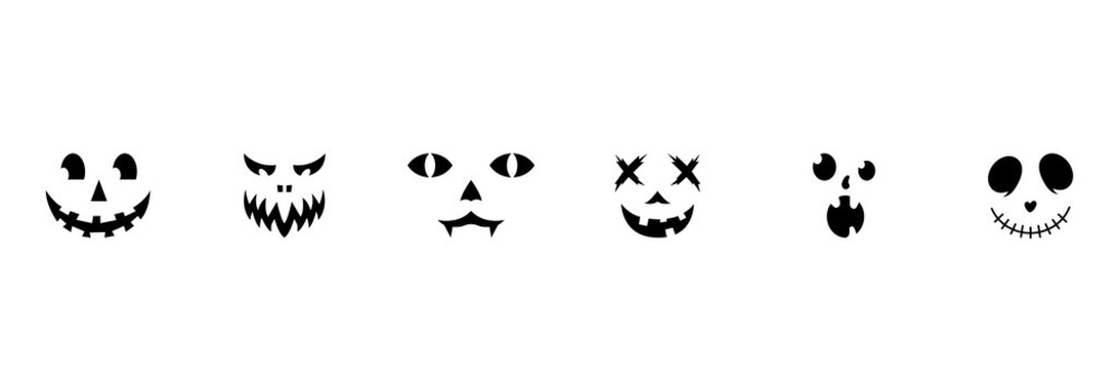 Collection of halloween jack o lantern face silhouettes with different carved expressions including spooky scary funny and cute styles isolated festive seasonal vector illustration design.