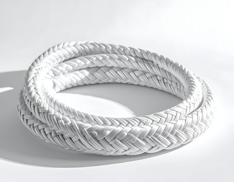 Coiled white braided power cable on white surface.