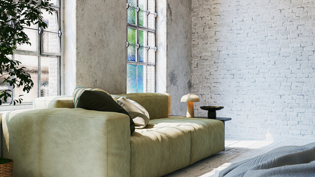 A stunning 3D rendering of a bright industrial loft living room featuring a modern green fabric sofa, large factory-style windows, textured white brick walls, and warm morning sunlight. Interior archi