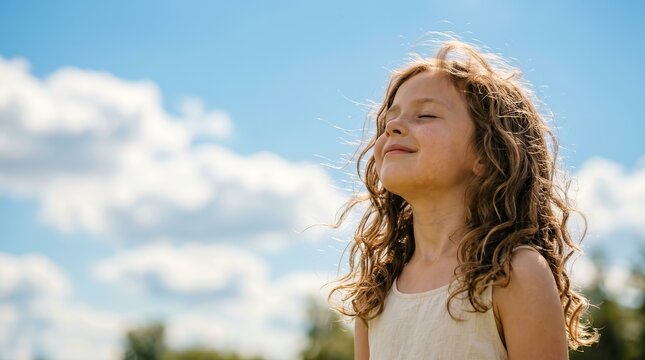 Happy young girl breathing fresh air and enjoying the sun on a bright summer day.