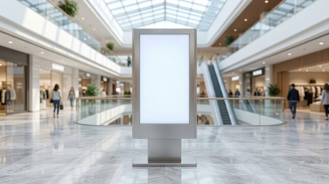 Vertical advertising kiosk mockup in a bright shopping center with blurred background