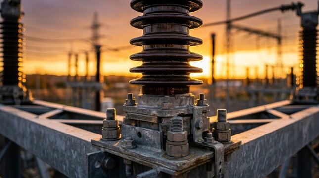 Electrical power substation equipment with high-voltage ceramic insulators at dusk.