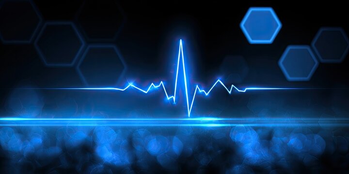 A bright blue electrocardiogram waveform pulses against a dark, hexagonal background