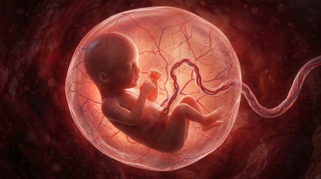 Anatomy illustration showing a human fetus inside the amniotic sac with umbilical cord and blood vessels.