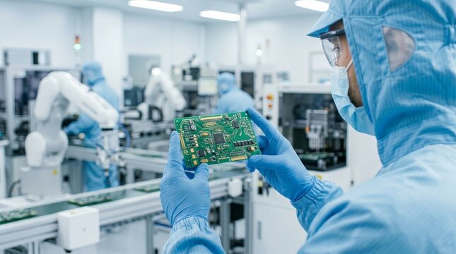 Electronics manufacturing worker in blue protective gear inspecting a printed circuit board in a modern lab.