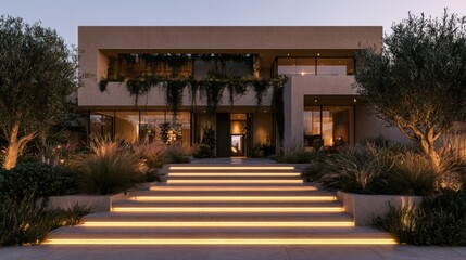 Fototapeta premium Modern luxury home entrance with illuminated steps, lush landscaping, and warm lighting
