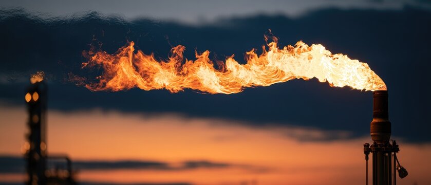 A fiery flare burns against a twilight sky with industrial structures