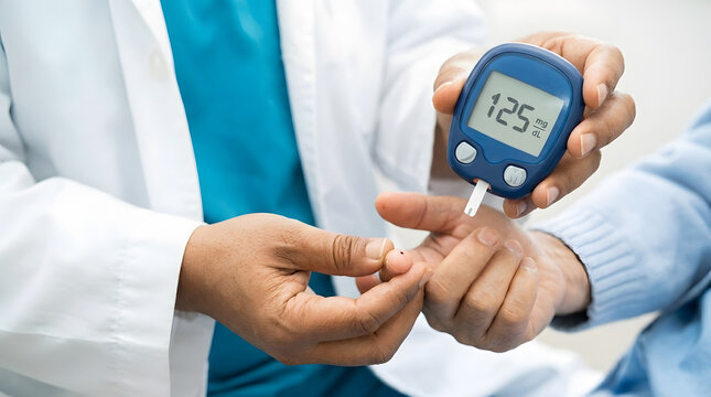 Healthcare Worker Testing Senior Patient Blood Glucose Level with Glucometer | Doctor Hands Checking Patient Blood Sugar Level Using Digital Meter | Close Up of Doctor Testing Patient Finger Prick