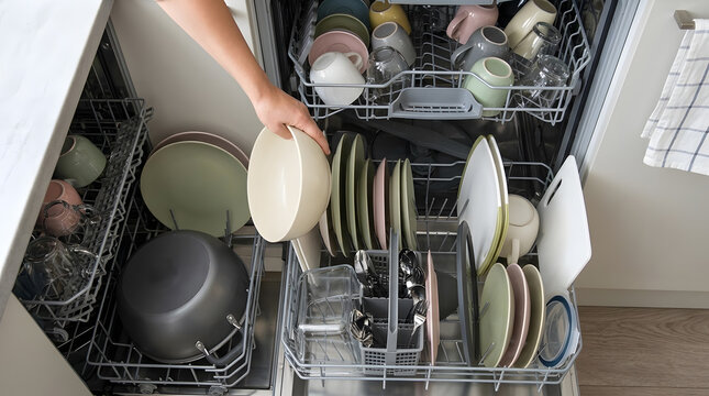 Hand Loading Ceramic Bowl into Open Dishwasher Basket | Close Up of Person Placing Dishes and Plates into Modern Dishwasher | Loading Dirty Dishes into Built In Dishwasher Rack in Kitchen 