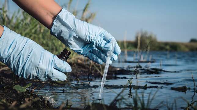 Technician in Protective Suit Collecting Water Sample at Treatment Plant | Environmental Worker Sampling Water from Industrial Treatment Basin | Close Up of Glass Sampling Bottle Submerged