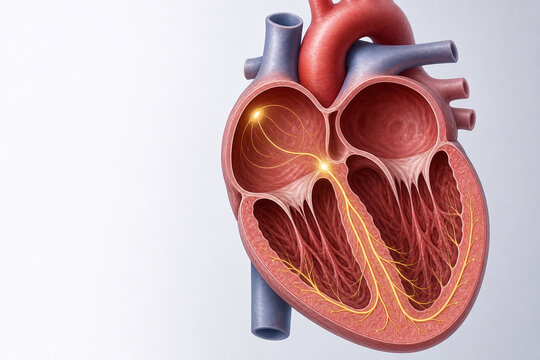Cardiac conduction with AV node delay illustration
