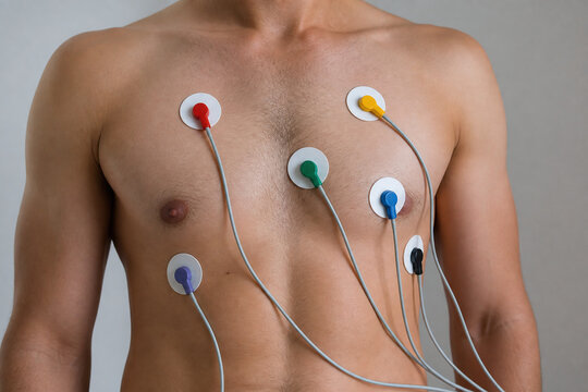 Chest ECG electrodes on patient torso in clinic