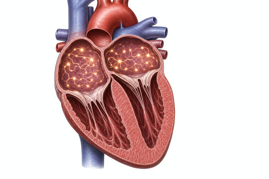 Atrial fibrillation in cutaway human heart illustration