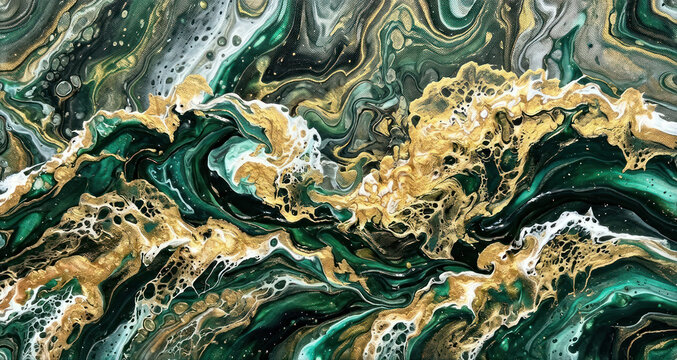 A mesmerizing abstract painting showcases a turbulent flow of dark green and gold resin. The fluid art creates a dynamic, wave-like pattern with swirling currents and pockets of lighter, foamy resin.