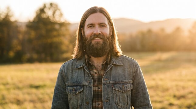 Bearded man with long hair in denim jacket outdoors at sunset