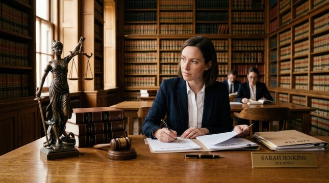 A serious attorney, Sarah Jenkins, sits at a wooden desk in a grand library, meticulously reviewing legal documents. A statue of Lady Justice stands prominently on the desk, symbolizing justice.