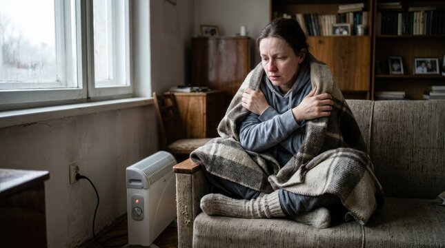 A woman sits wrapped in a blanket on a sofa, clutching herself against the cold. She appears distressed and uncomfortable.