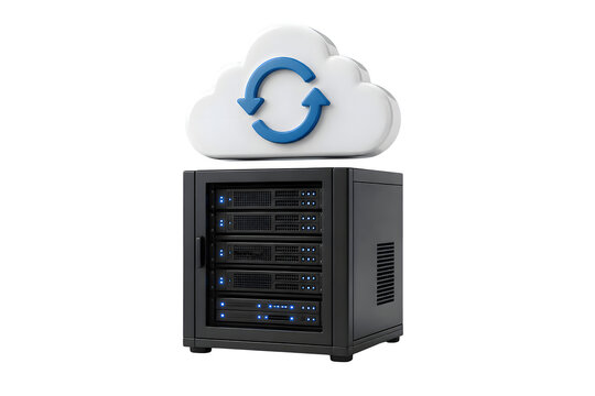 Miniature Server Rack with Cloud Symbol and Sync Arrows Cloud Computing IT Infrastructure Concept