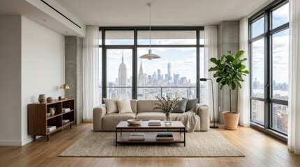 Fototapeta premium A modern living room features a large, comfortable sofa and a dark wood console table. A tall floor plant adds a touch of greenery.