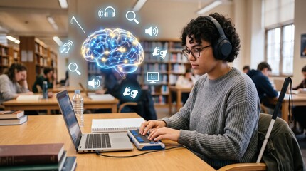 Obraz na płótnie Canvas Student with disabilities uses assistive technology in library for inclusive learning and accessibility