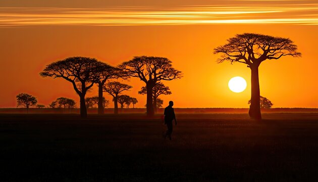 Solitary figure walks through savanna with iconic trees at sunrise