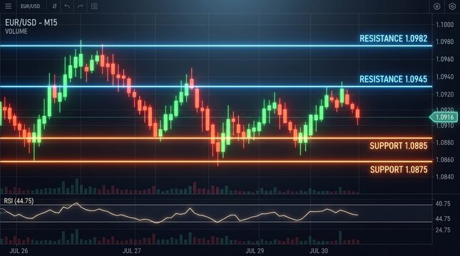 Forex trading chart with candlestick patterns, EUR USD currency pair analysis, support and resistance levels for financial market trading