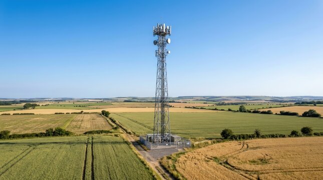 A tall cellular tower stands prominently in a rural landscape. The tower is situated in a field of golden wheat, with a clear blue sky as the backdrop.