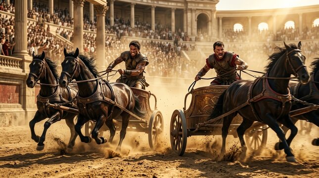 The excitement of ancient sport comes alive as chariots race through the Circus Maximus.