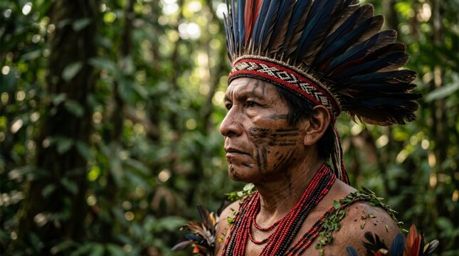 Native man of the Achuar tribe featuring traditional face paint and feather headdress.