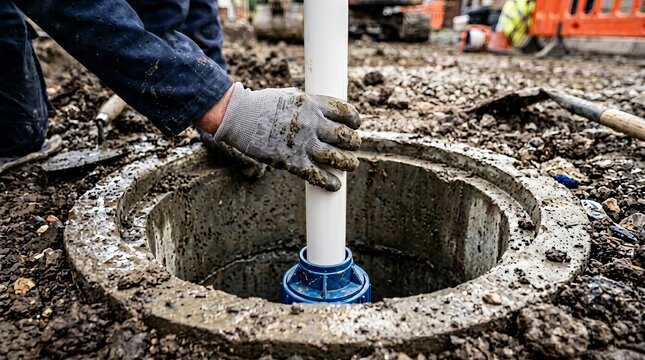Emergency repair of a drainage system with a technician installing a vertical sump pump pipe.