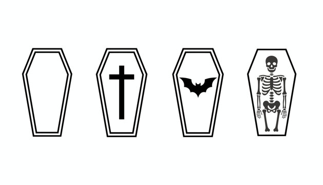 Minimalist illustration showing four Halloween coffins featuring a blank interior, a cross, a bat, and a skeleton.
