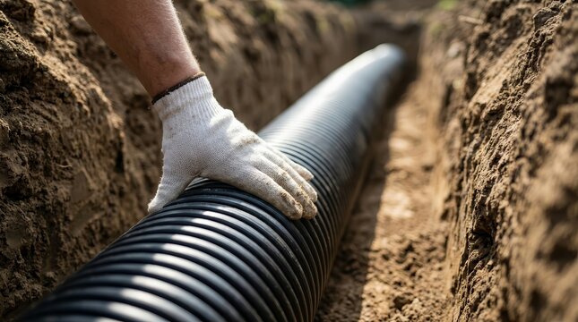 Professional installation of a corrugated sewer pipe within a soil trench for plumbing maintenance.