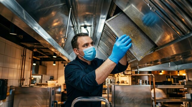 Commercial kitchen hood filter maintenance by a technician to ensure ventilation performance.