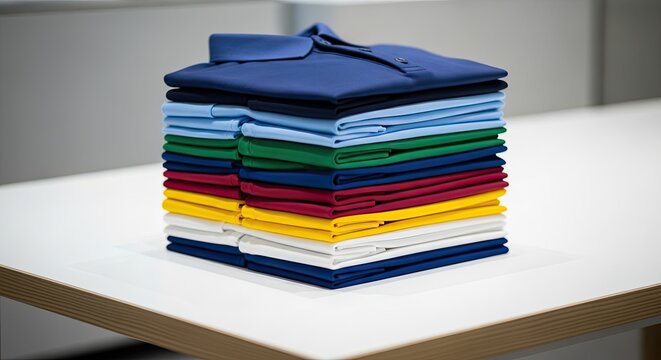 A neatly stacked pile of shirts displays a gradient of colors, including black, navy, dark green, forest green, teal, light blue, sky blue, white, yellow, gold, and red.