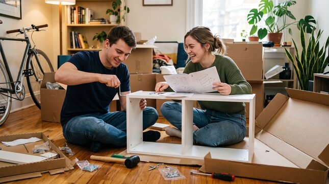 Happy couple assembling flat pack furniture together in a new home with moving boxes around them