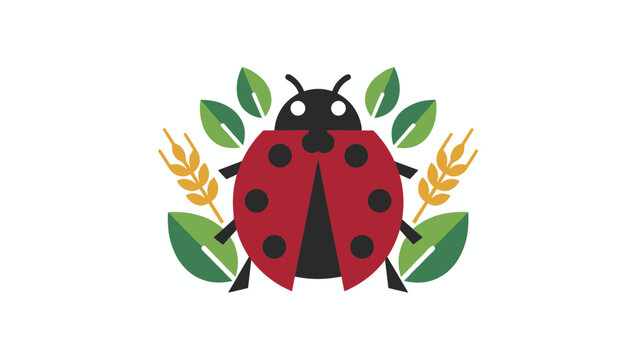 Cute ladybug flanked by green leaves and golden wheat stalks, representing organic agriculture and natural pest control.