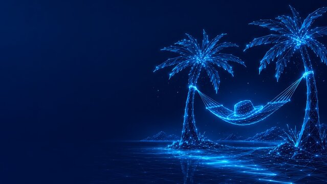 Digital representation of a person relaxing in a hammock between two tropical palm trees under a night sky. world tourism day & ship with relaxation, tropical, vacation.world.world tourism day & ship