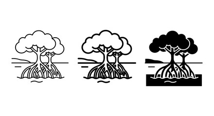 Obraz premium Mangrove Tree Icons, Coastal Ecosystem Symbols, Wetland Nature Graphics, Three Styles