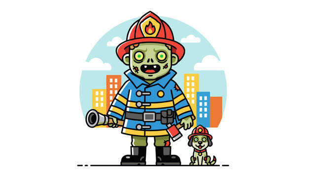 Cute zombie firefighter character wearing a blue uniform and holding a fire hose next to a small dog helper.